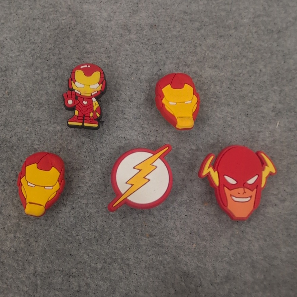 Marvel Iron Man and DC The Flash Superhero Shoe Charms Set of 5 Red Yellow - Picture 1 of 1